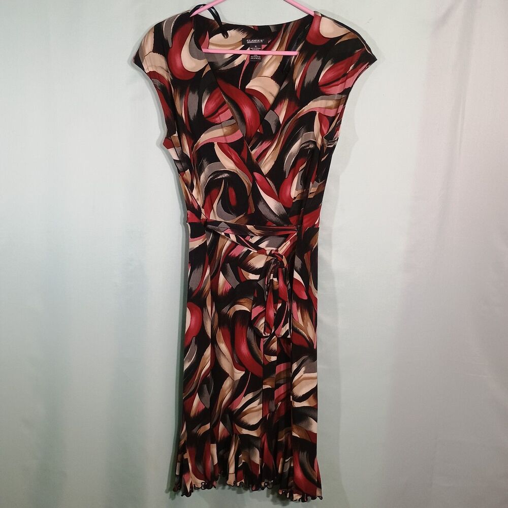 Glamour Women’s Abstract Print Wrap Dress – Red Black Beige Belted Midi Dress